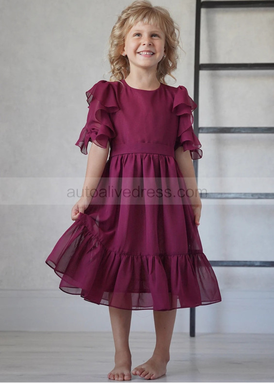 Elbow Sleeves Burgundy Chiffon Flower Girl Dress